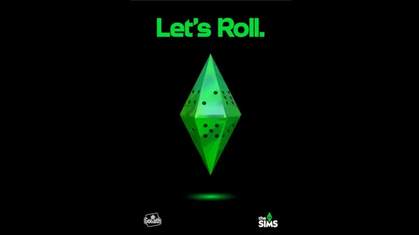 A picture of a green gem associated with the Sims, the text "Let's roll" and logos for the sims franchise and goliath gaming on a black background.