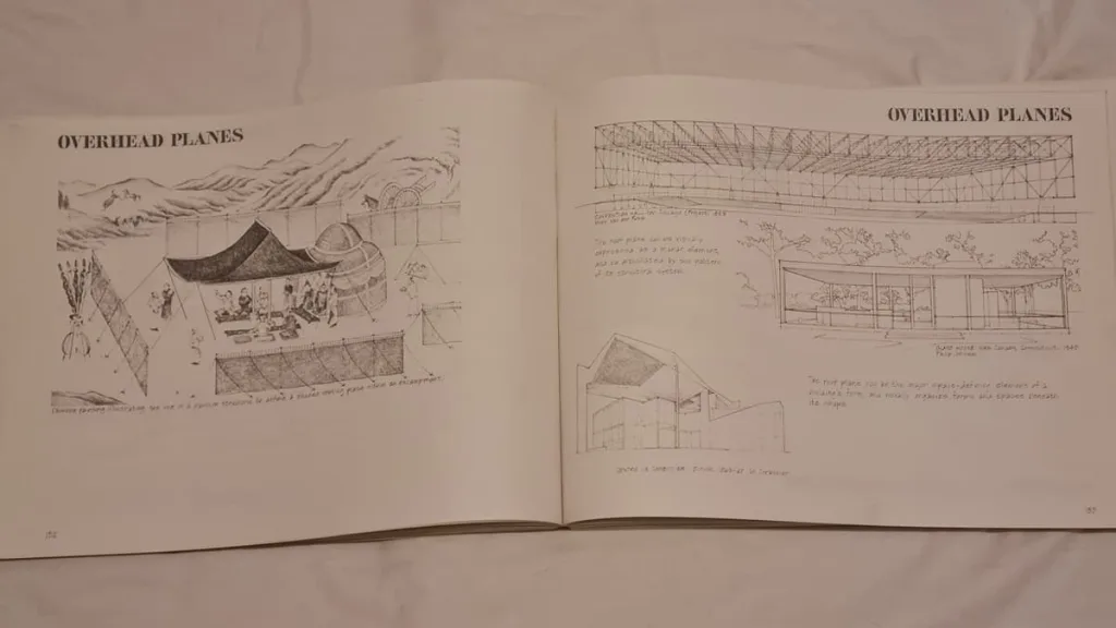 Two open pages of a book, the right has complex diagrams of  convention center and the left has a recreation of a pavilion in an ancient Chinese drawing.